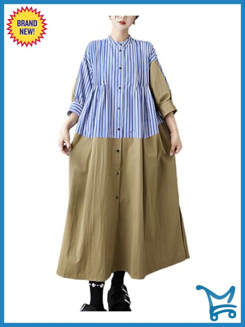 Patchwork Strip Long Sleeve Casual Swing Dress Cotton Blend